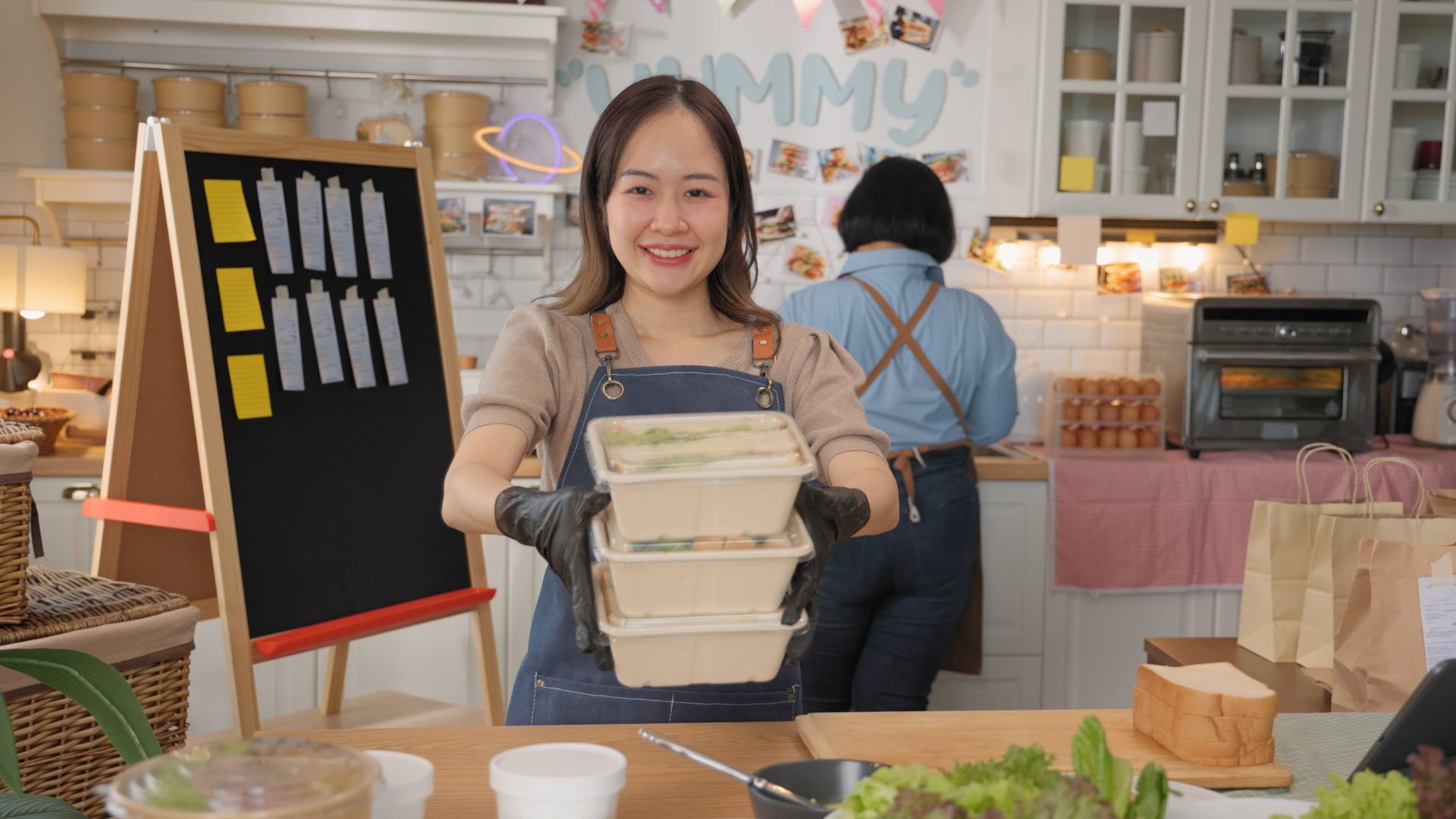 Food business owner holding stacked take-out containers